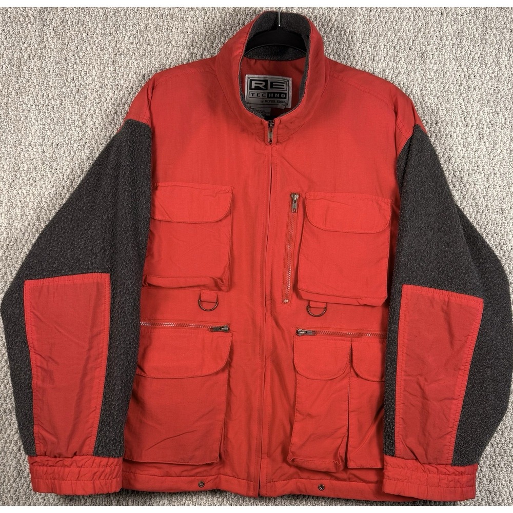 Vintage 90s River Edge RE Techno Hunting Fishing Jacket Red Fleece Mens L